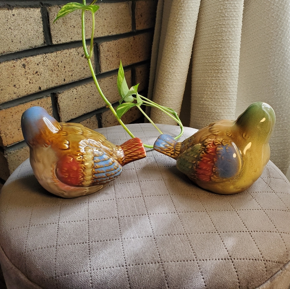 Colorful Glazed Ceramic Birds Set Of 2 - Picture 3 of 9